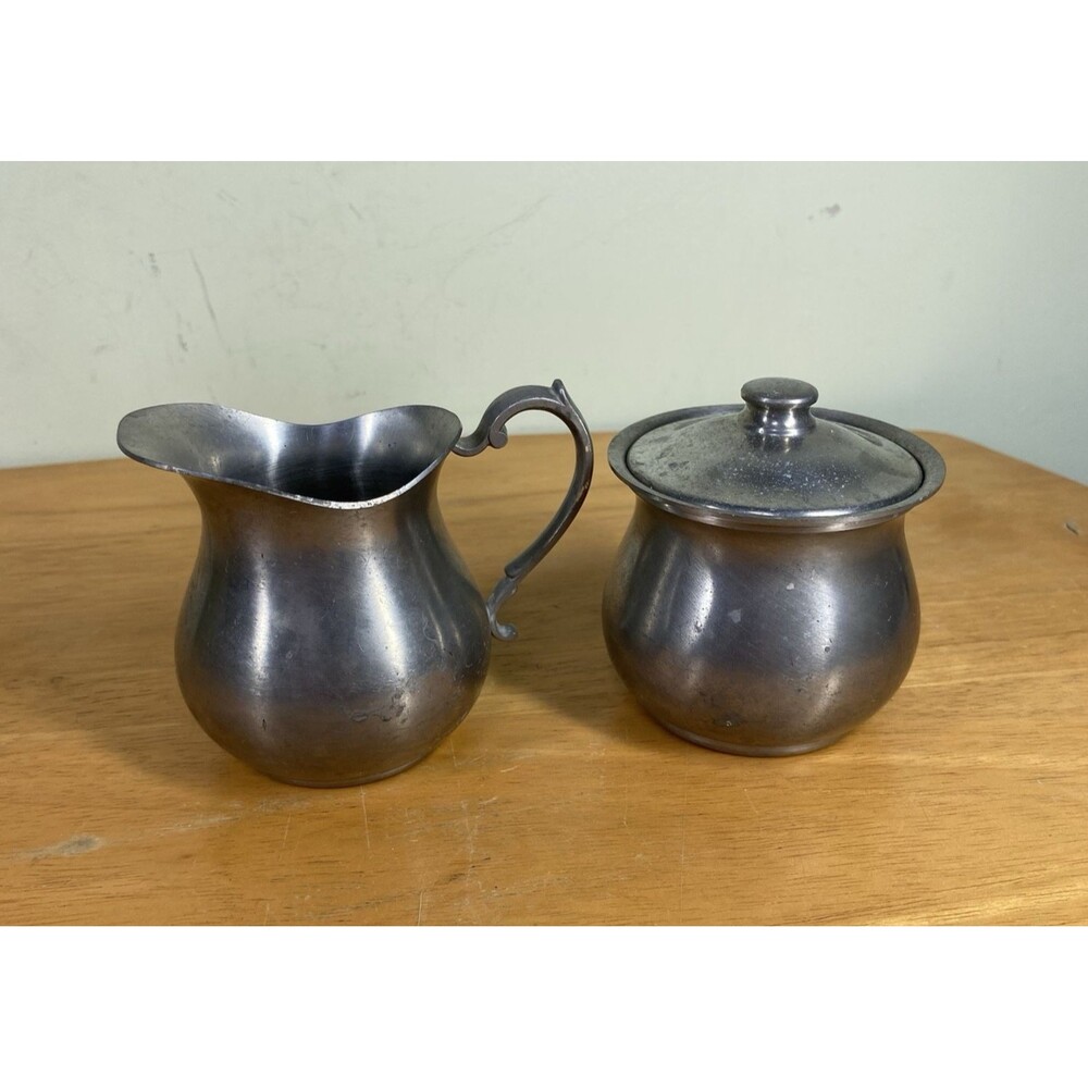 Vtg WEB Pewter 3-inch Creamer & Covered Sugar Serving Set #1137 Rustic Elegance